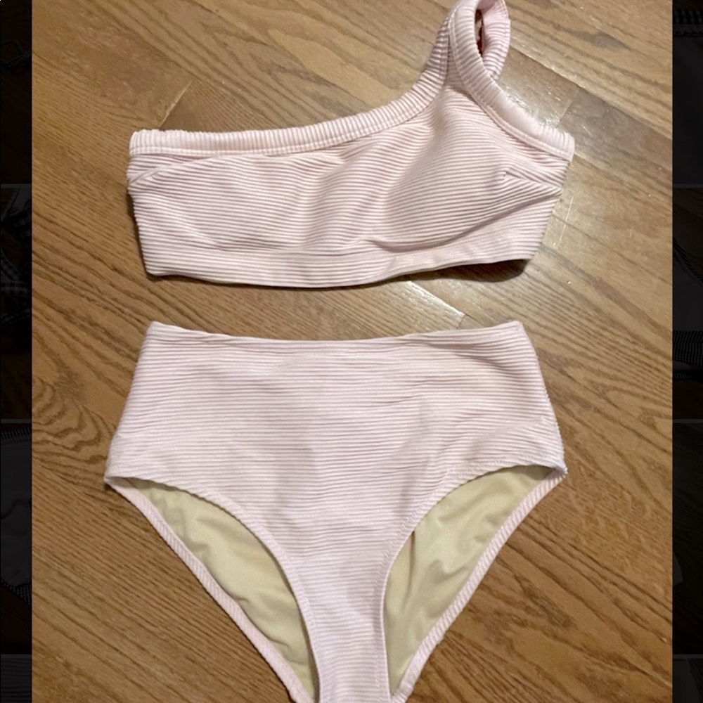 Pink ribbed high wasted one shoulder bikini set